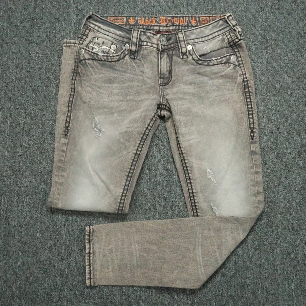 Rock Revival‎ Jeans Womens 26 Gray Brown Tannin Taper Embroidered 28x29